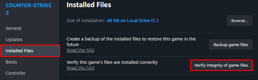 The verify integrity of game files button in the Installed Files tab in CS2 properties