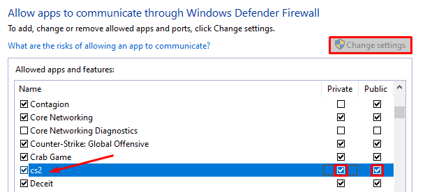 Public and private settings for cs2 firewall