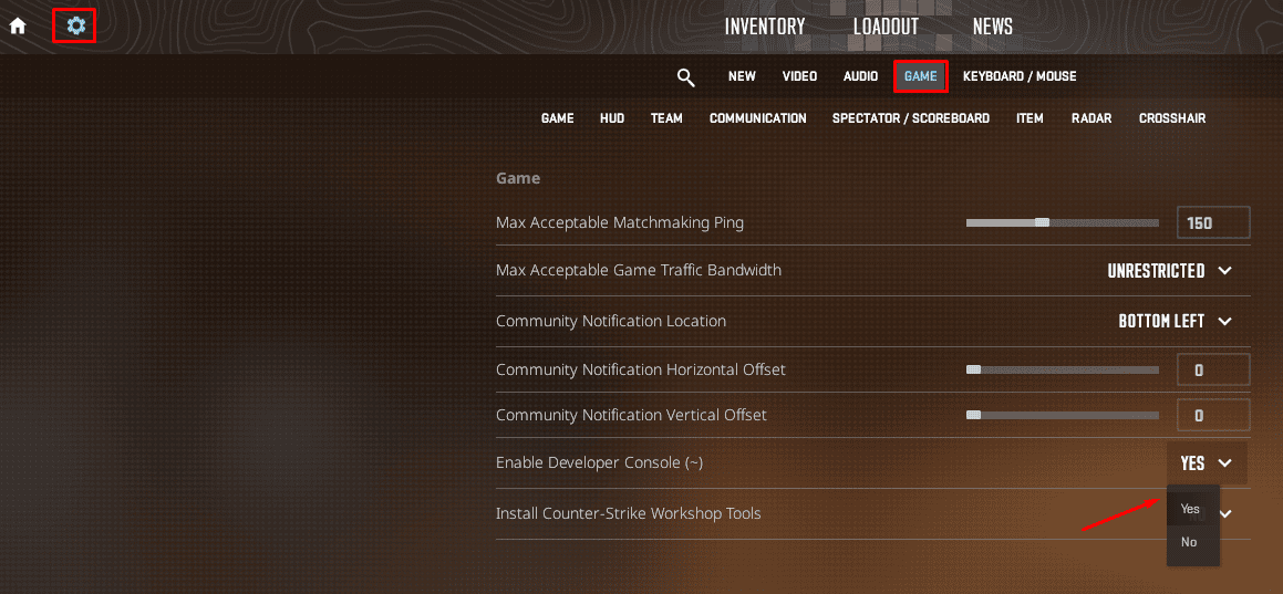 The options to enable the developer console in CS2 and CS:GO