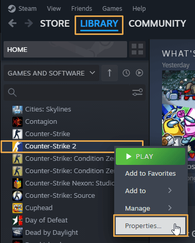 Selecting CS2 properties from the Steam library menu