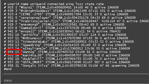 The output of the status command in CS:GO, needed to kick yourself from the game